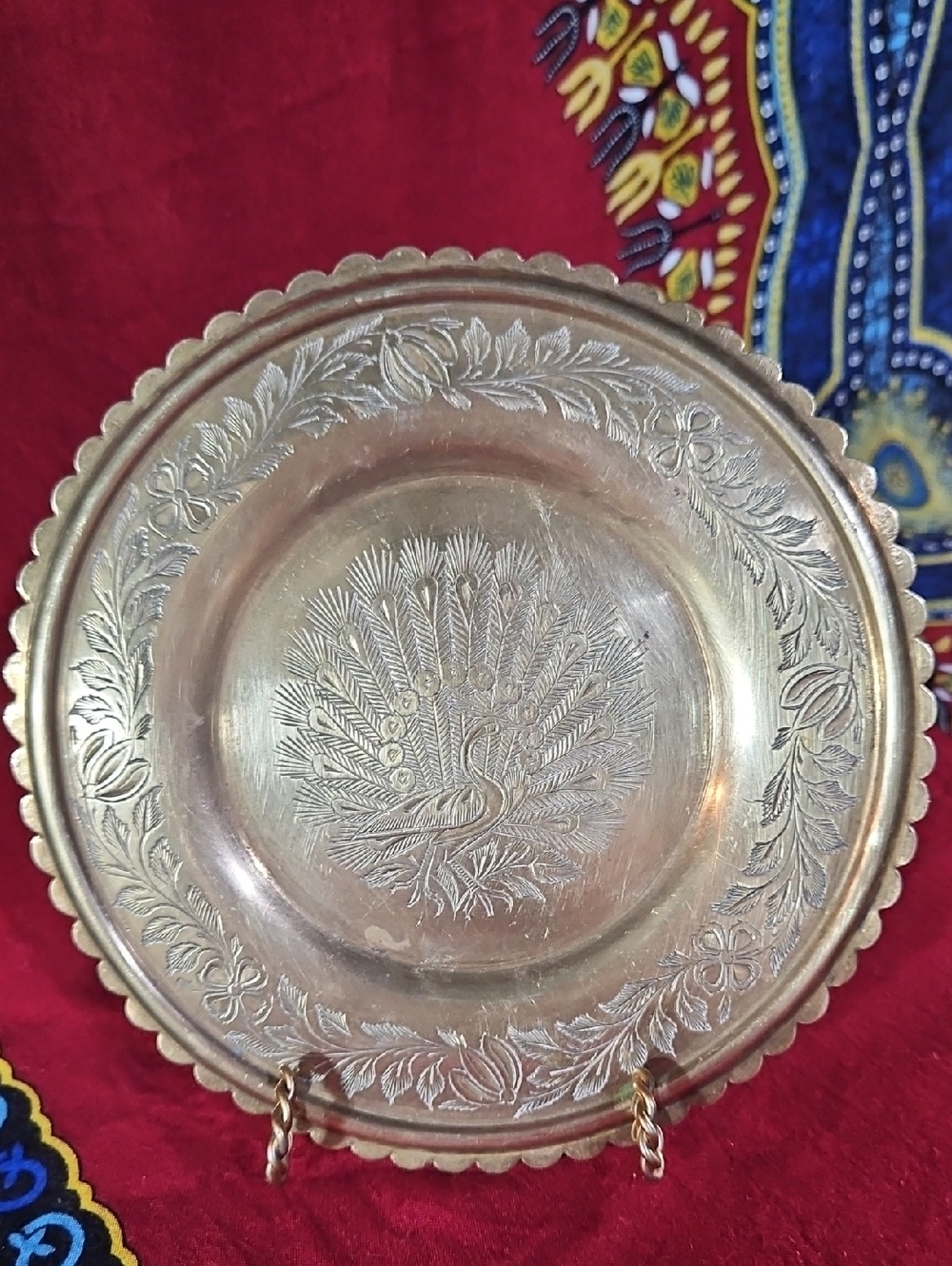 Vintage Hand-Engraved Indian Brass Peacock Decorative Plate Tray